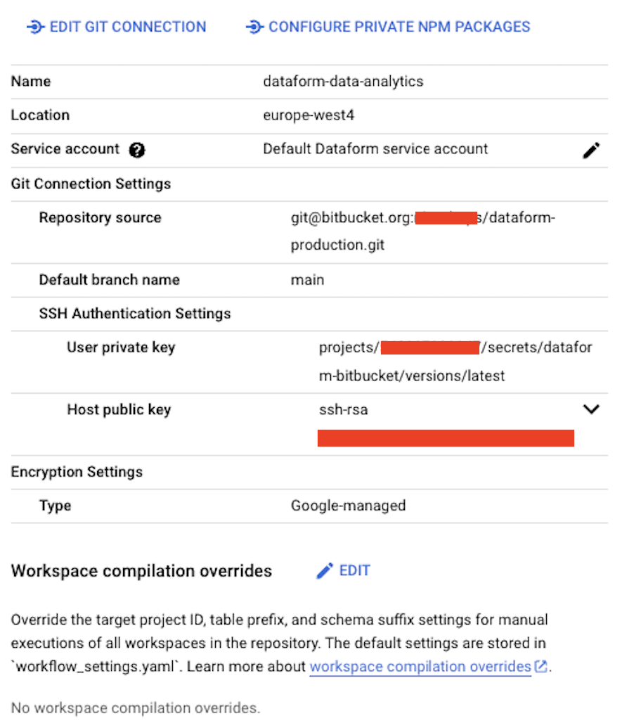 Dataform connected to the bitbucket